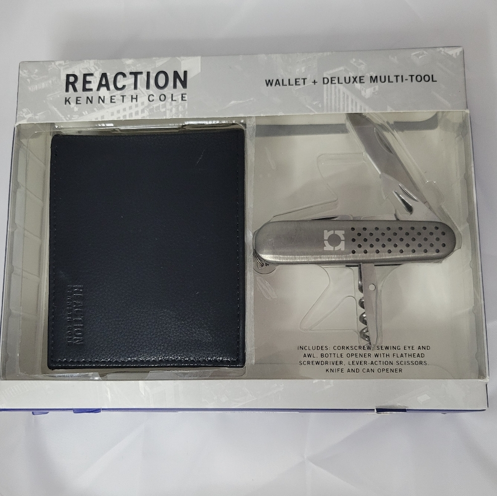 New Reaction Kenneth Cole Black Bifold RFID Security Wallet & Multi Tool